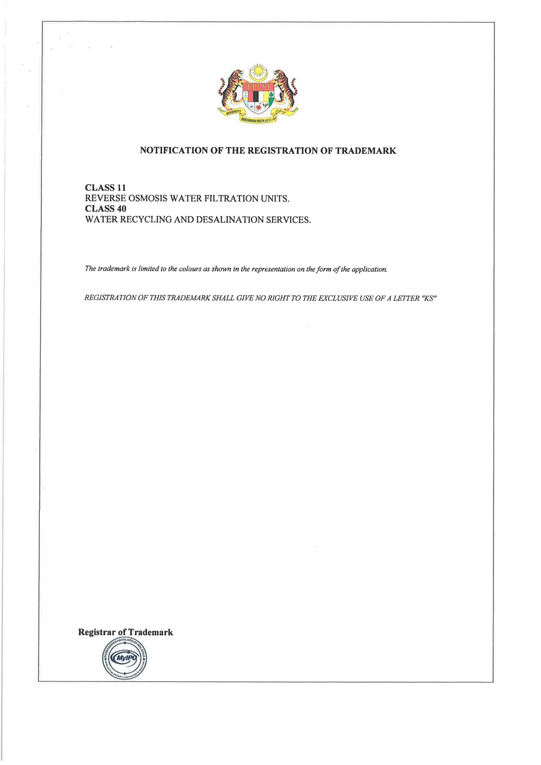 MyIPO Notification of the Registration of Trademark for KS